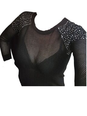 EXPRESS Black Mesh Long Sleeve Layering Sweater with Studded Shoulders Sz S EUC